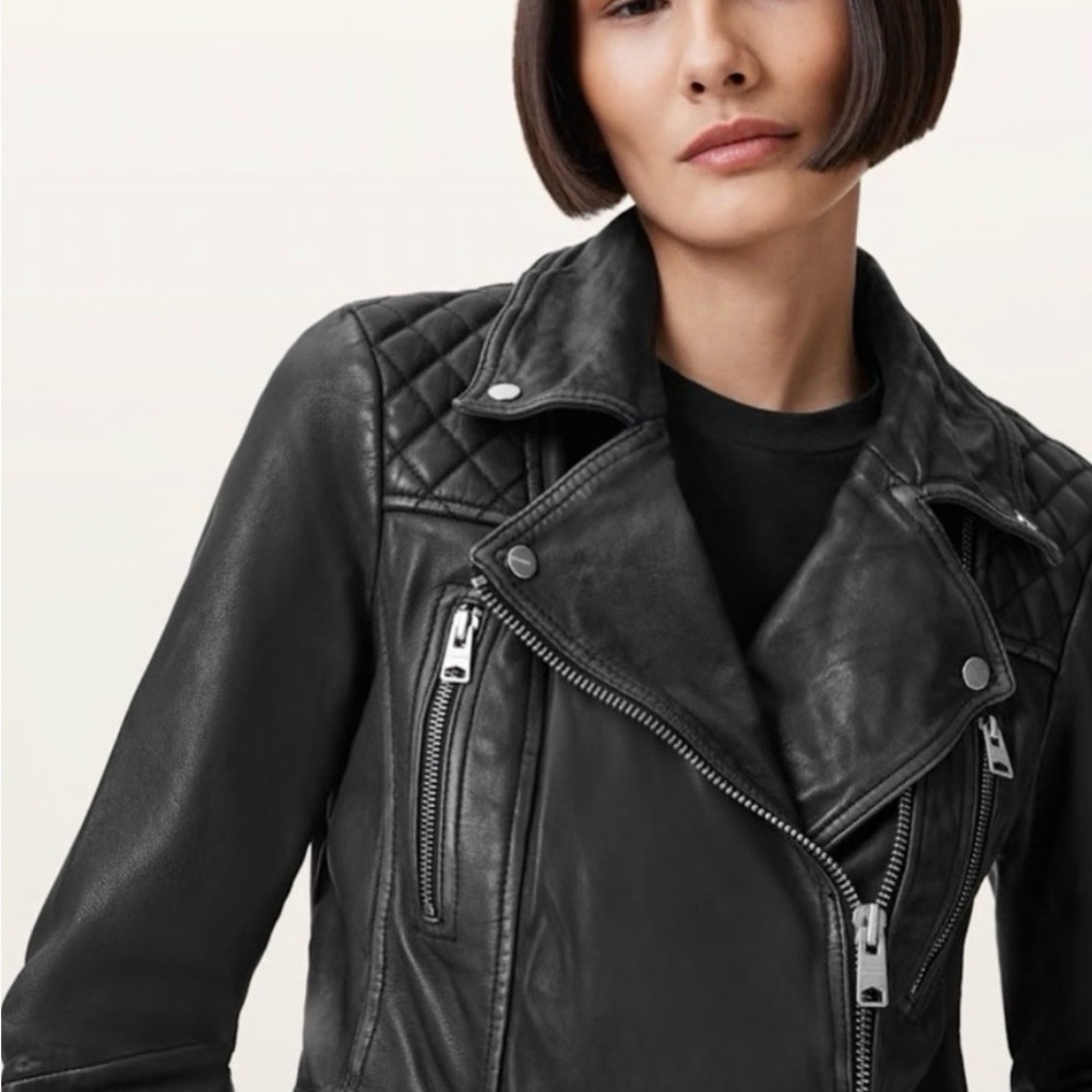 AllSaints Distressed Black Leather Moto Jacket